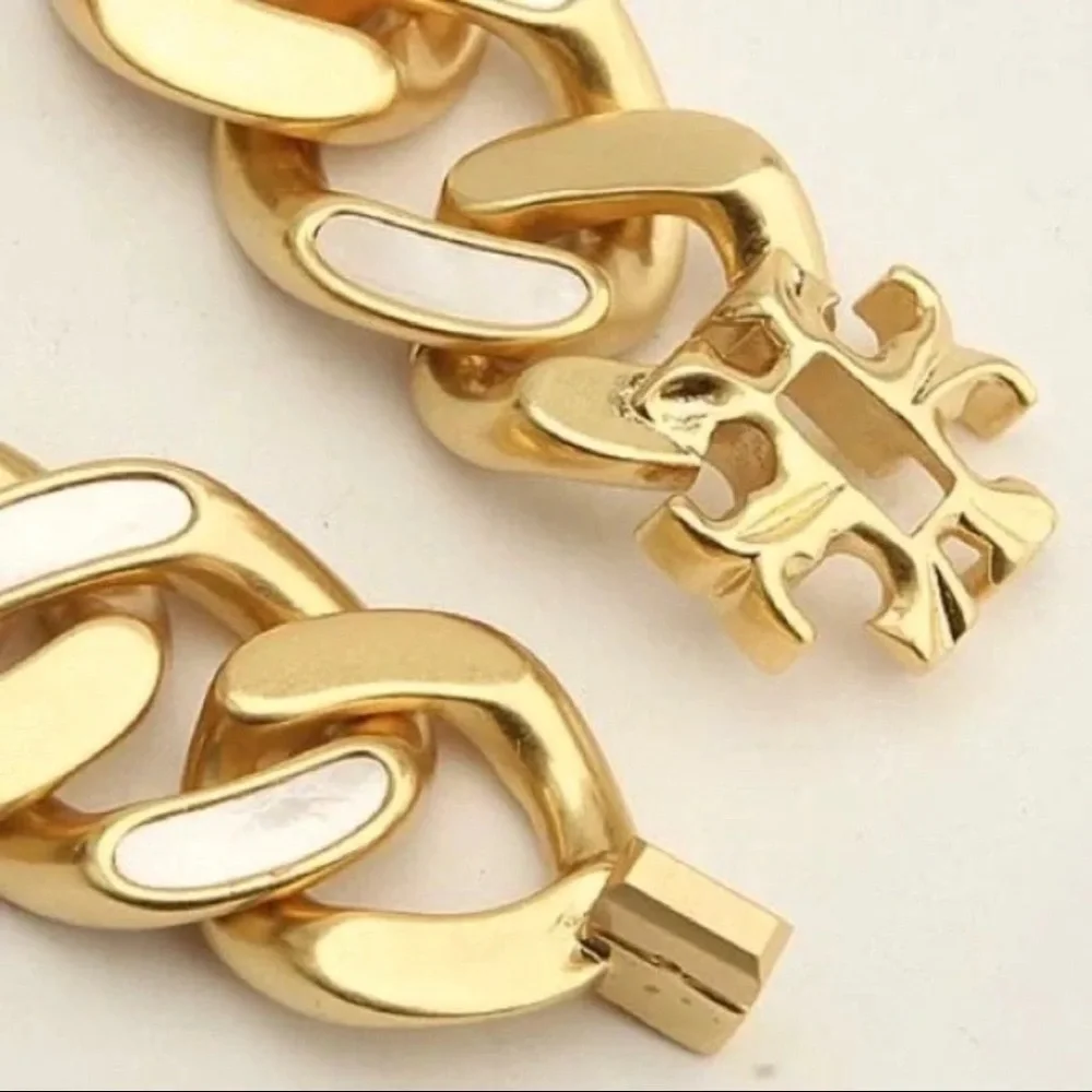 Authentic TORY BURCH Roxanne Inlay Chunky Bold Statement Gold Necklace